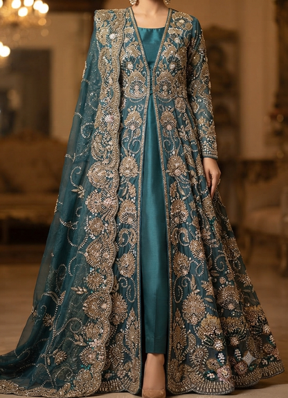 Teal Bridal Lehenga – Fabric Close Up – Floral Katdana Embroidery