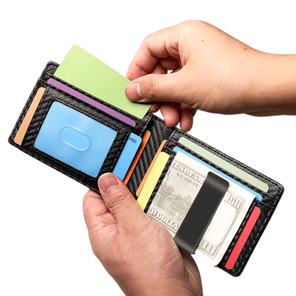 Carbon fiber slim bifold wallet open showing colorful card slots and cash