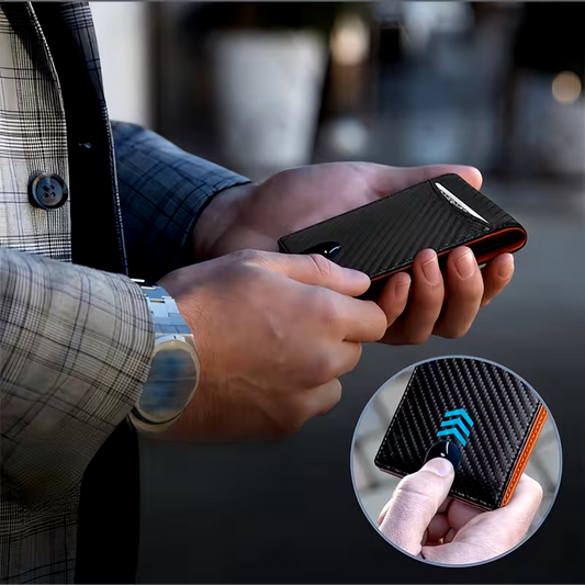 Man holding carbon fiber slim wallet with RFID protection