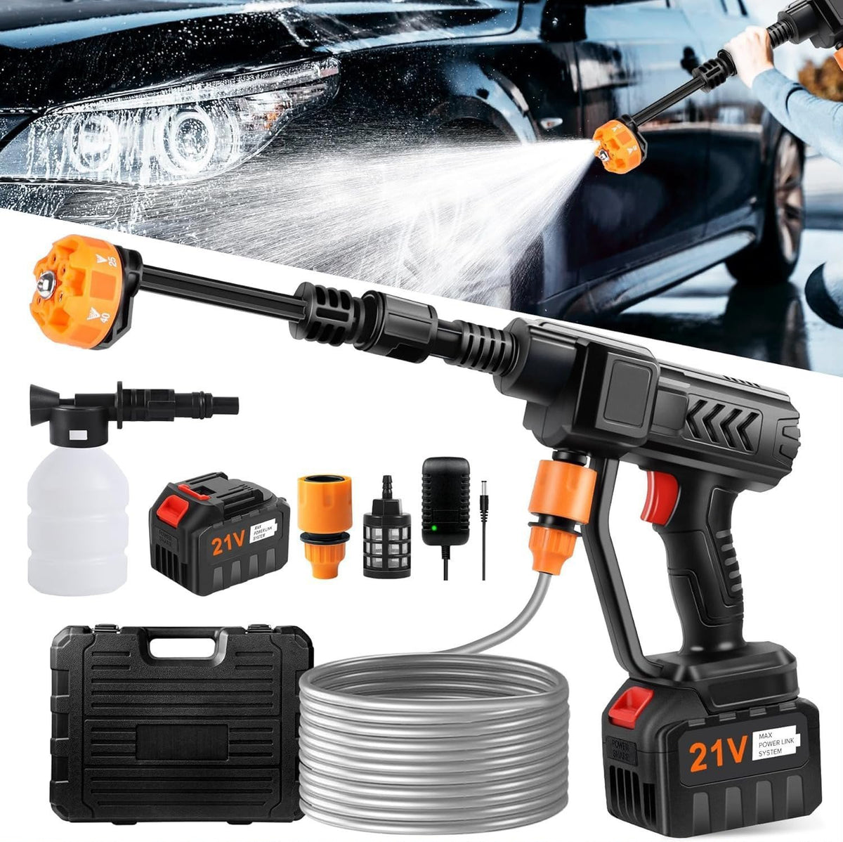 Rechargeable Cordless High Pressure Water Spray Gun - 21V Orange Kit with All Accessories