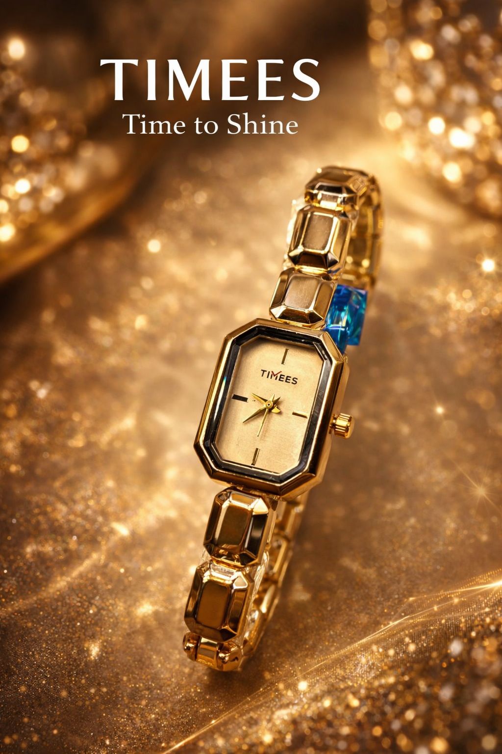 Timees Ladies Rose Gold Octagonal Bracelet Watch - Black Dial on Glitter Background