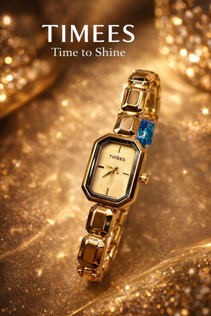 Timees Ladies Rose Gold Octagonal Bracelet Watch - Black Dial on Glitter Background