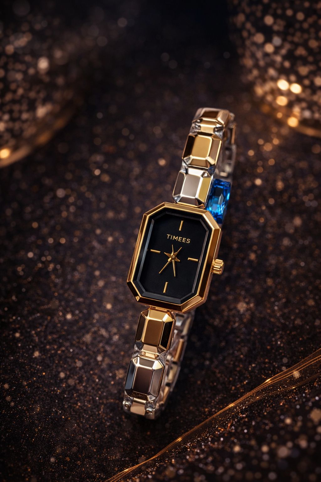 Timees Ladies Gold Silver Two-Tone Octagonal Watch - Black Dial on Black Silk