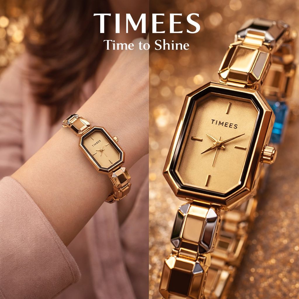 Timees Ladies Silver Octagonal Watch - Black Dial on Wrist Lifestyle Shot