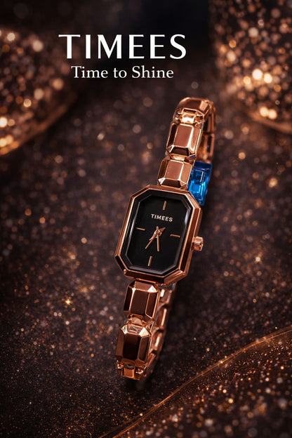 Timees Ladies Gold Silver Watch - Black Dial New Arrival on Glitter Background