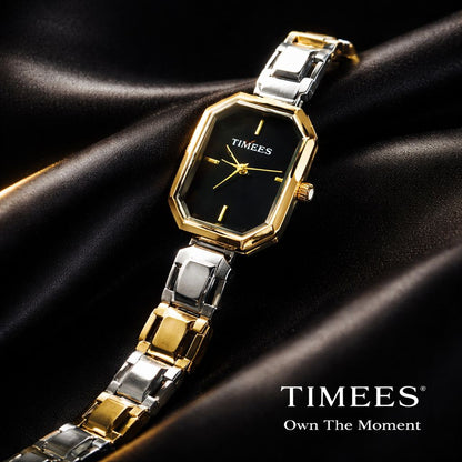 Timees Ladies Silver Octagonal Watch - Black Dial New Arrival Dual Wrist Shot